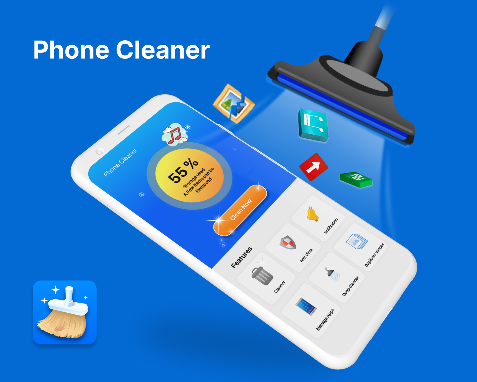 Phone Cleaner Kit main dashboard showing junk files detected and one-tap clean button